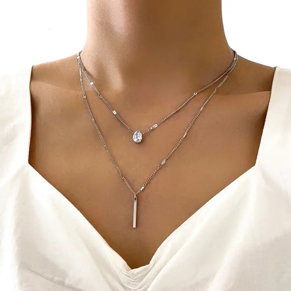 Silver Drop CZ Multilayered Necklace - Picture 1 of 2